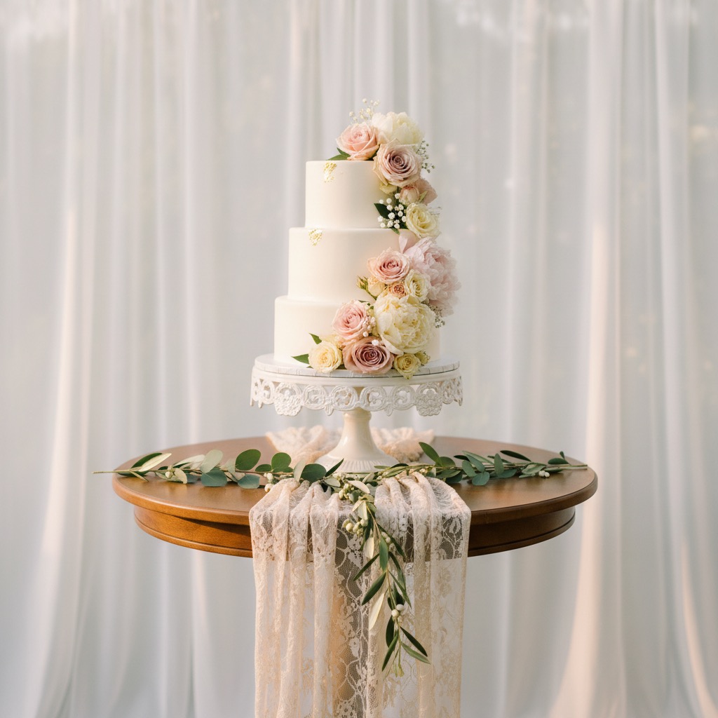 A three-tiered white wedding cake adorned with pink and cream roses stands on a decorative white cake stand, positioned on a wooden table draped with a lace runner and eucalyptus sprigs against a white sheer curtain backdrop.