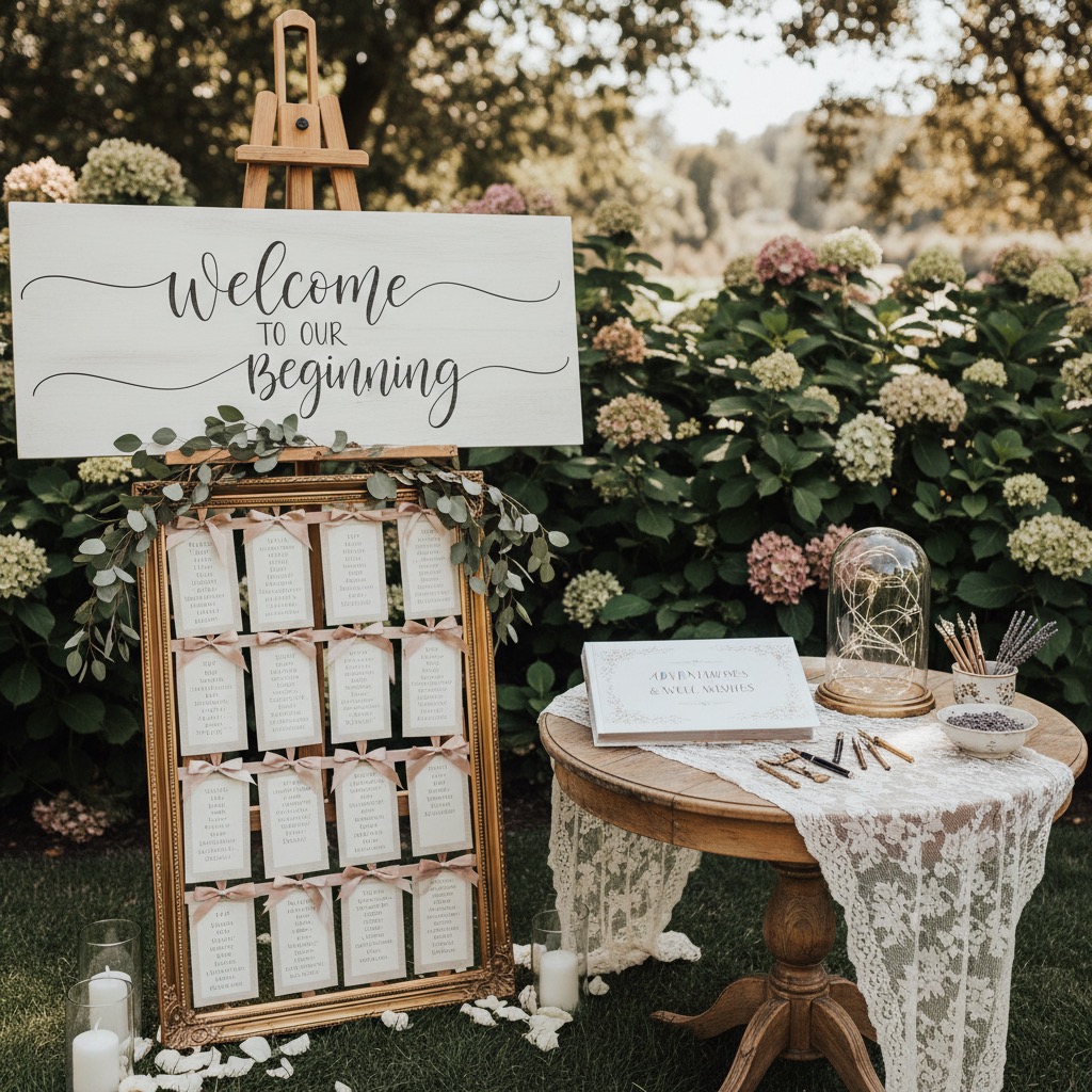 A wooden easel holds a "Welcome to our beginning" sign above a framed seating chart, while a small wooden table next to it displays a guest book and a glass dome with fairy lights.